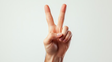 Naklejka premium Caucasian adult hand showing peace gesture against white background
