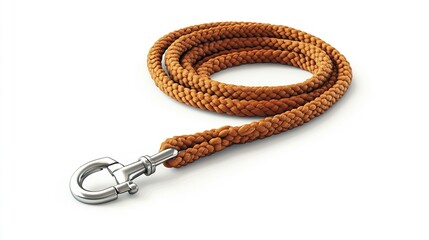 A coiled, tan-colored rope leash with a metal clip