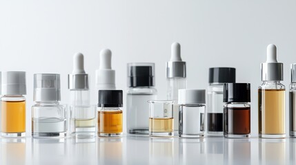 A row of small, clear glass bottles with dropper caps, containing various liquids, arranged in a row on a white surface.
