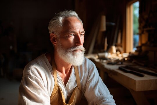portrait of experienced carpenter in woodshop, dramatic shadows, natural light from window