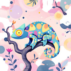 A colorful chameleon perched on a branch with a pastel background and floral decorations around it isolated with white background