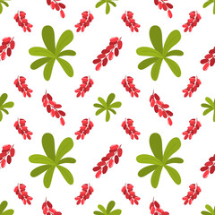 Seamless square pattern with barberry plant. Colorful print pattern with red berries. Cute texture isolated on changeable white back for wrapping paper, fabric. Bunches, leaves of barberry.