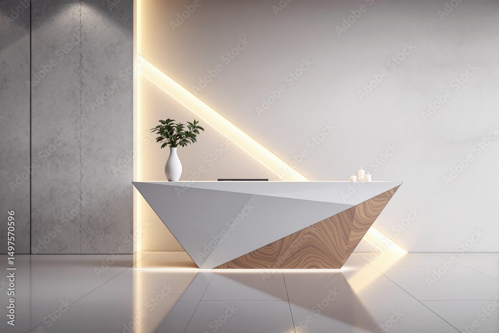 Poster modern reception desk with geometric design in minimalist interior.