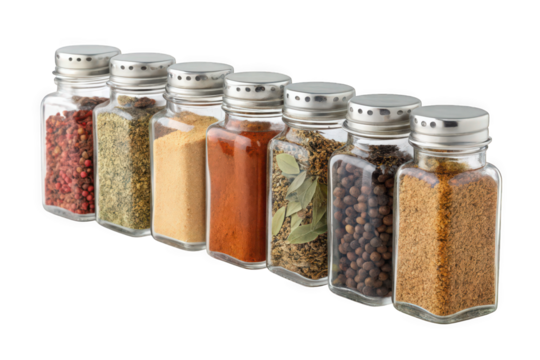 Six Glass Spice Jars with Assorted Spices on Transparent Background, AI Generated