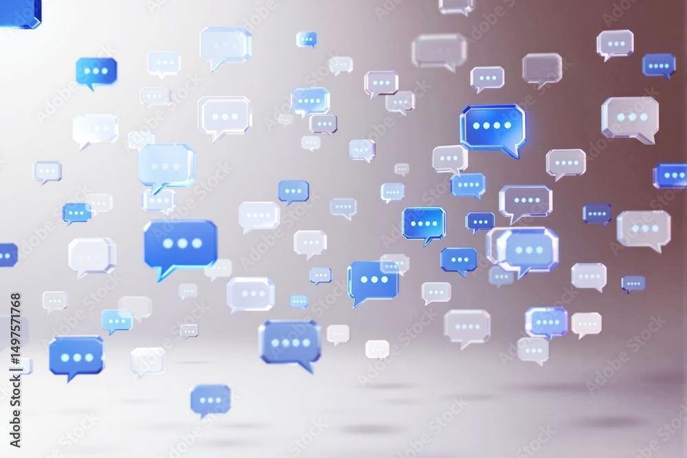 Poster Floating chat bubbles with glowing blue highlights on a soft gradient background.