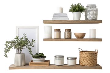 Stylish Wooden Shelves Decorated with Plants Candles and Home Accessories on transparent background, AI Generated