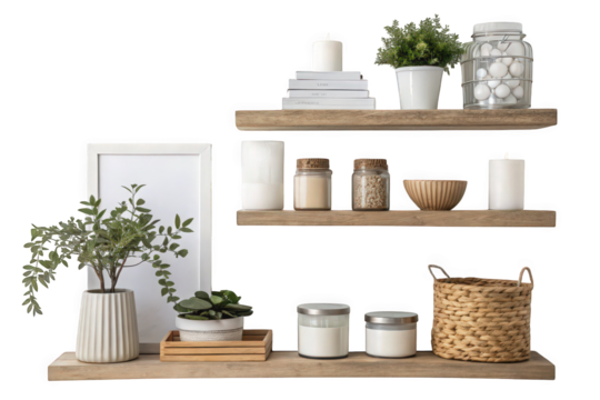 Stylish Wooden Shelves Decorated with Plants Candles and Home Accessories on transparent background, AI Generated