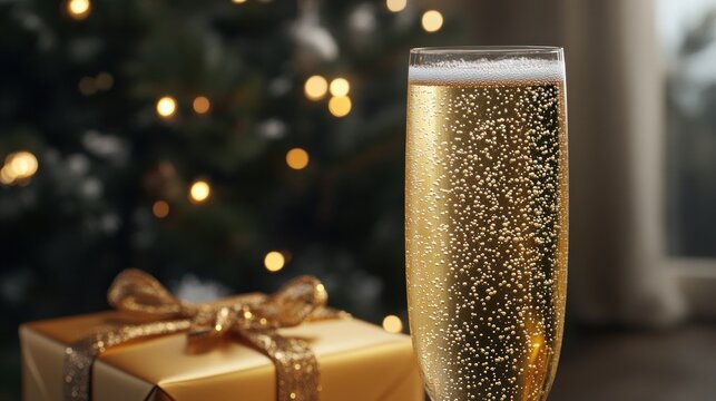 Champagne flute with bubbles near Christmas gift.