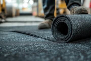 Worker unrolling a black rubber mat, standing on it. This material is durable for soundproofing and floor protection.