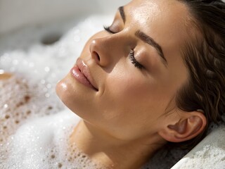 Serene Woman Relaxing in Bubble Bath Skincare and Self Care Concept