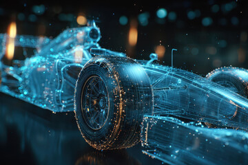 Futuristic digital car with glowing lines and dots, showcasing innovation