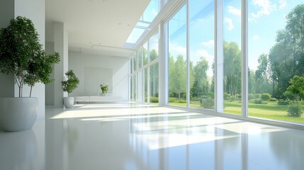 Obraz premium Sunlit modern hallway with large windows overlooking a green park.
