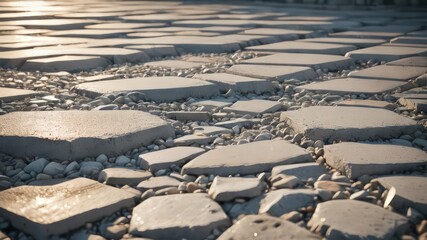 Irregular Stone Pavement at Sunset Textured Surface of Grey Blocks and Pebbles