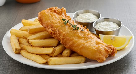 Fish and Chips with Tartar Sauce and Lemon Slice