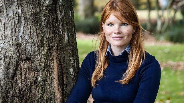 Redhead Woman Autumn Park Portrait Nature Tree