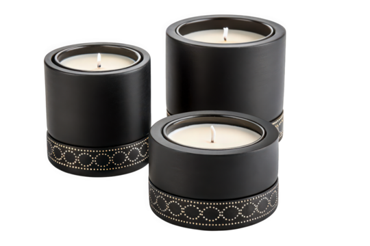 Three Black Candles with Gold Accents on Wooden Holders on Transparent Background, AI Generated
