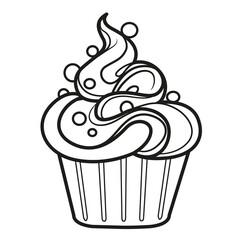 Cupcake with lots of whipped cream outlined for coloring page on a white background
