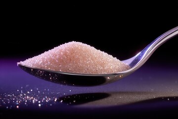 Sugar grains glistening on a spoon, black background, moody lighting