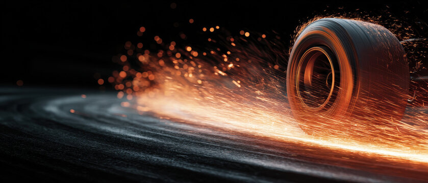 High speed tire sparks on dark track create dynamic scene
