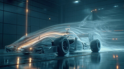 Sleek race car in wind tunnel with dynamic airflow simulation