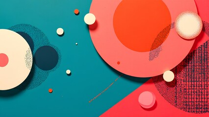 Obraz premium Abstract geometric artwork with colorful circles and textured patterns in teal, coral, and white tones.