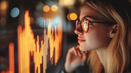 Woman analyzing data on a digital screen at night.