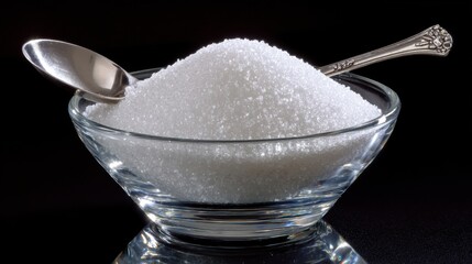 Sugar piled into a bowl with a metal scoop resting on top