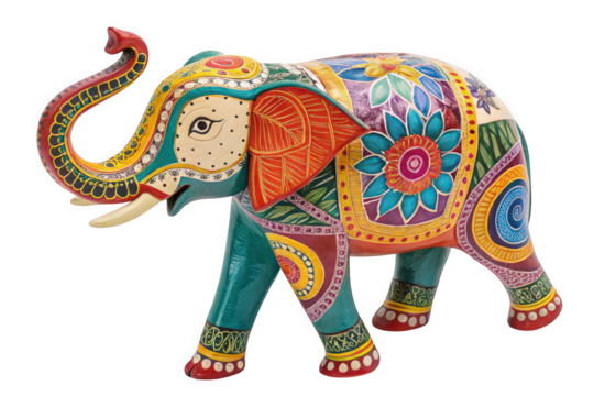 Vibrant Hand Painted Wooden Elephant Figurine on Transparent Background, AI Generated - Powered by Adobe