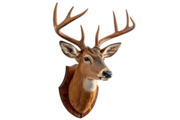 Whitetail Deer Taxidermy Mount on Wooden Plaque on transparent background, AI Generated