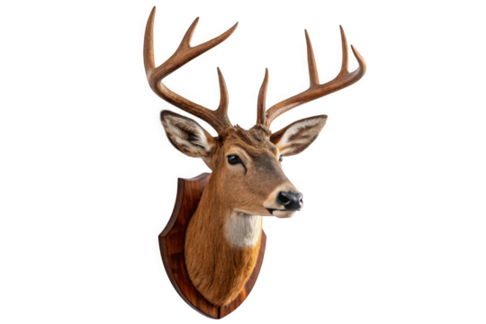 Whitetail Deer Taxidermy Mount on Wooden Plaque on transparent background, AI Generated