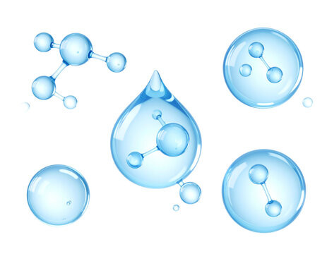 Water molecule illustrations; transparent spheres, droplets, and molecular structures