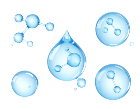Water molecule illustrations; transparent spheres, droplets, and molecular structures - Powered by Adobe
