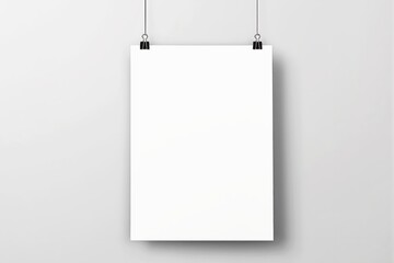 Blank white poster mockup hanging with clips on light gray wall.