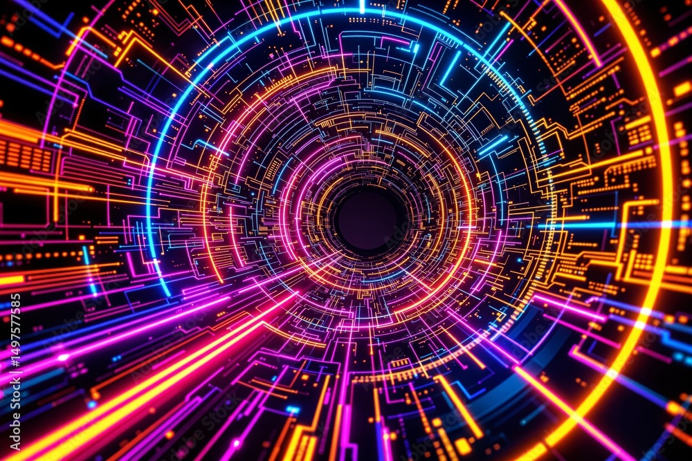 Poster futuristic digital tunnel with neon lights and circuit patterns.