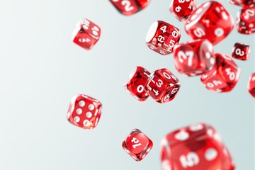 Floating red translucent dice with various numbers on a light background.