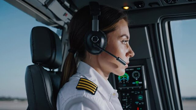 Professional female helicopter pilot monitoring controls, wearing headset, concentrating during aerial navigation