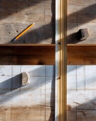 top-down view of wood being measured, pencil and chalk lines visible