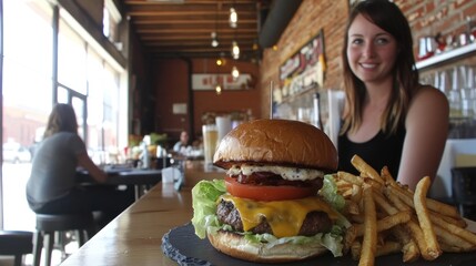 Woman smiling behind a delicious burger and fries at a restaurant.