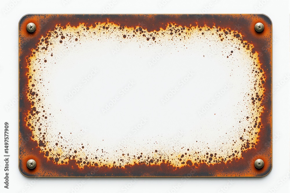 Poster rusty metal signboard with corroded edges and blank white space.