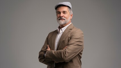 Attractive serious grey-haired man in suit and flat cap isolated on grey