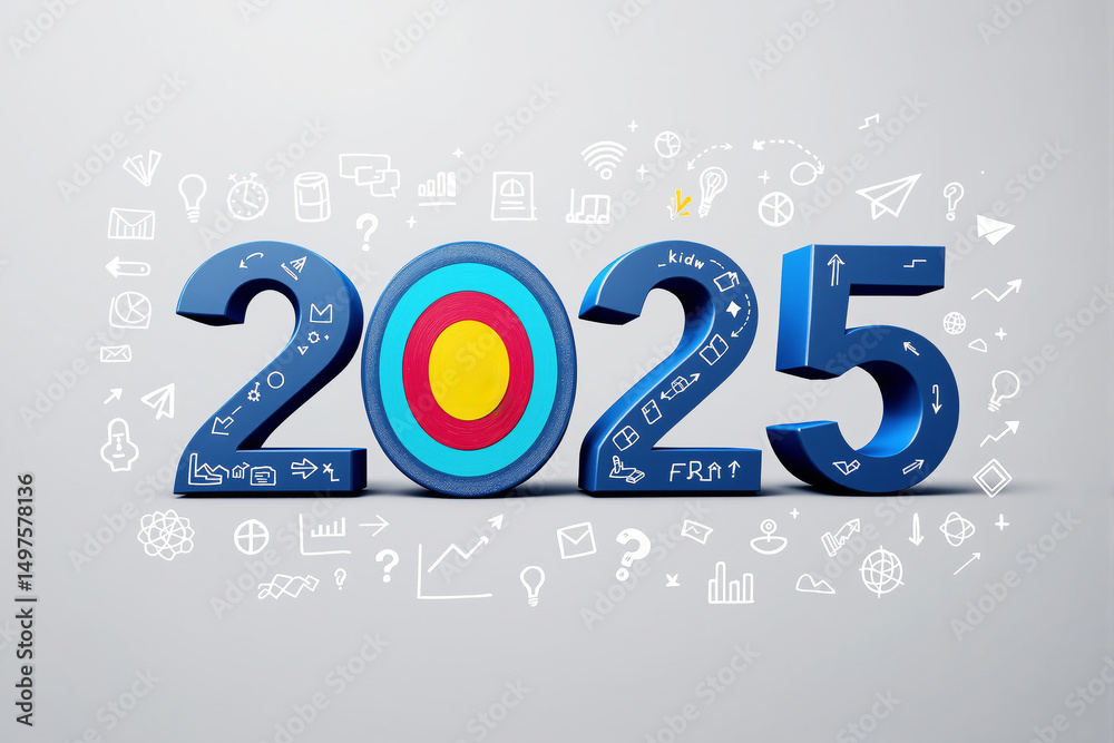 Poster 2025 in bold blue numbers with a target symbol inside zero, surrounded by business and technology do