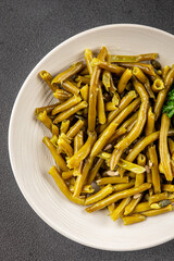 Green beans canned vegetables green string beans fresh delicious gourmet food background on the table rustic food top view copy space keto and paleo diet vegan and vegetarian food