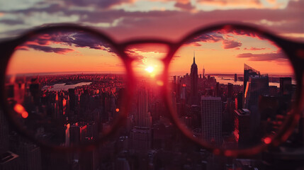 Vibrant sunset view over City through glasses from a high vantage point