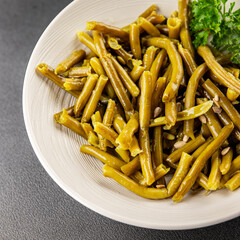 Green beans canned vegetables green string beans fresh delicious gourmet food background on the table rustic food top view copy space keto and paleo diet vegan and vegetarian food