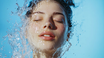 Refreshing water splashes over a serene young woman's face in a tranquil aquatic setting during daytime