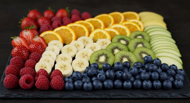 Assorted Fruit Platter with Strawberries, Raspberries, Orange, Banana, Kiwi, Blueberries, and Green Apple - Powered by Adobe