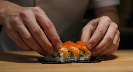 Sushi roll preparation with salmon and roe