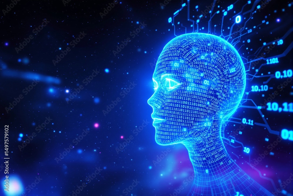 Poster Futuristic digital human head with binary code and circuits in glowing blue light.