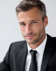 well-groomed man in suit, crisp background, direct eye contact, corporate tone