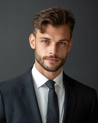 well-groomed man in suit, crisp background, direct eye contact, corporate tone